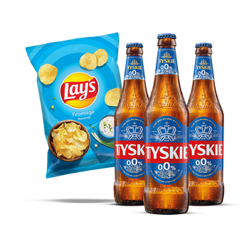 PIWO TYSKIE 0% 0,5L 3 x BUT. + CHIPSY LAY'S FROMAGE